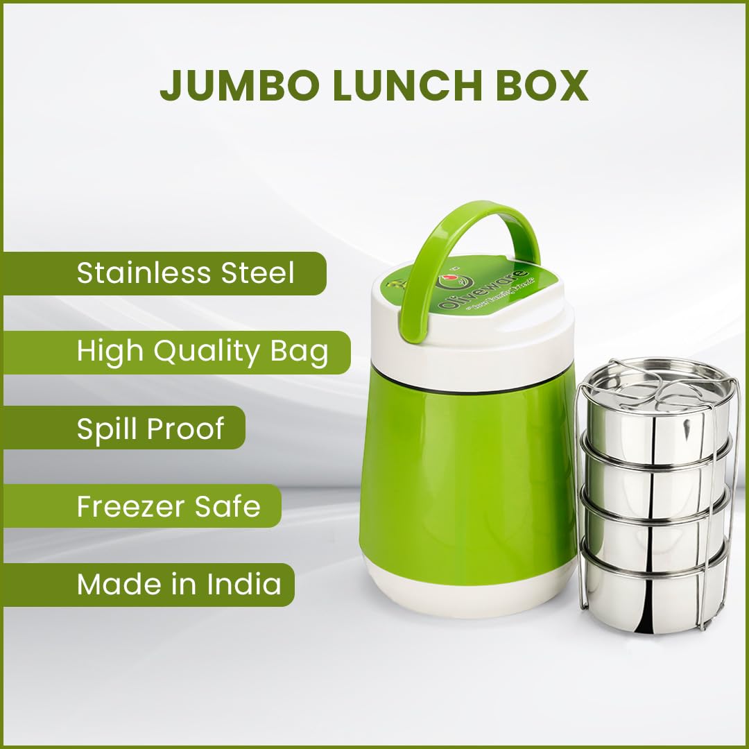oliveware Jumbo Lunch Box, 4 Stainless Steel Containers with 350ml, Insulated Body, Leak Proof, Full Meal & Easy to Carry - Green