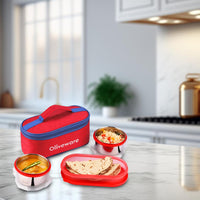 oliveware Aroma Stainless Steel Lunch Box, Leak Proof, 2 Container with BPA Free Air-Tight Lid (350ml & 350ml), Plastic Roti Box (450ml) - Red