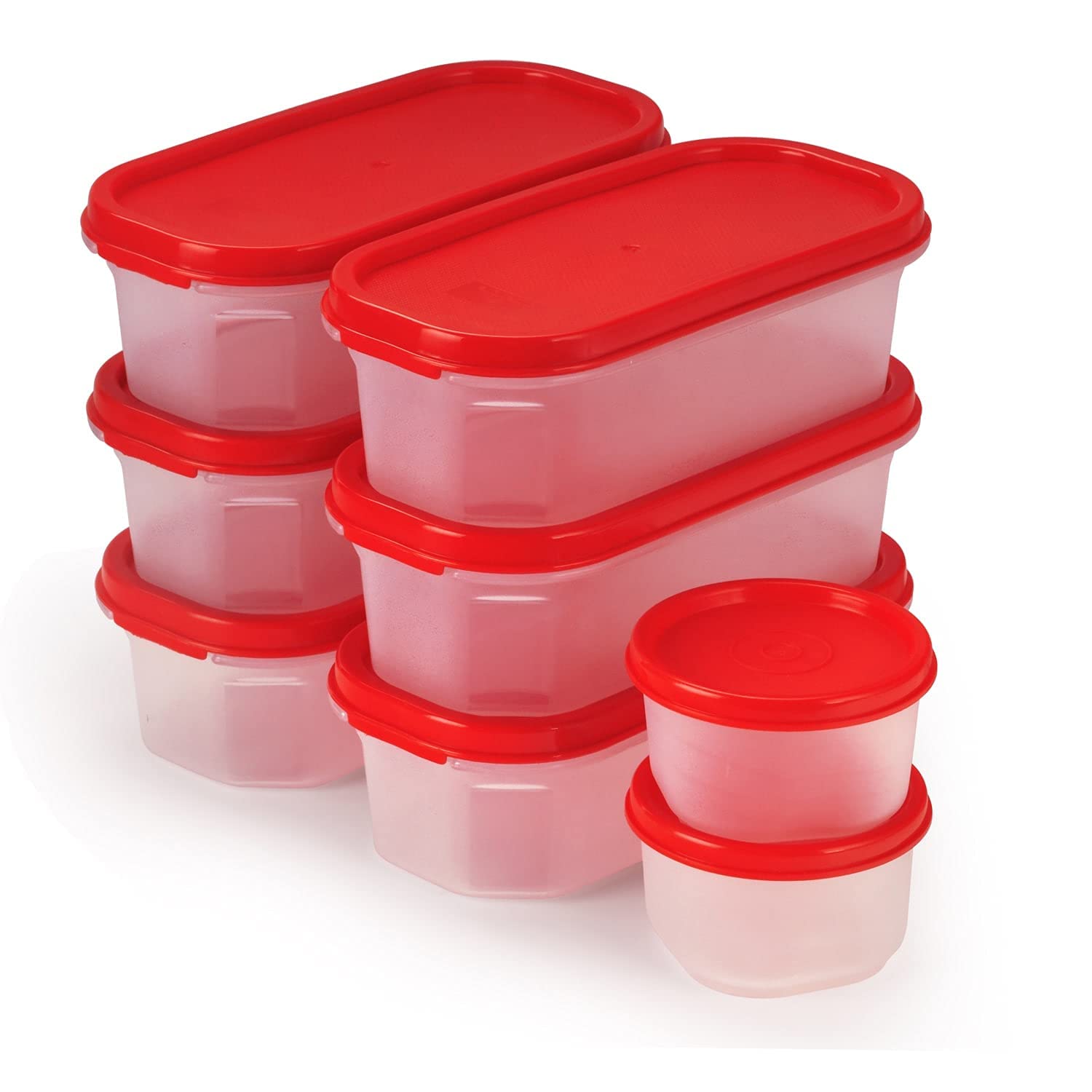oliveware Modular Storage Containers, BPA Free, For Pulses, Rice, Dal, Atta, Flour, Set of 8 (6x600ml + 2x180ml) - Red