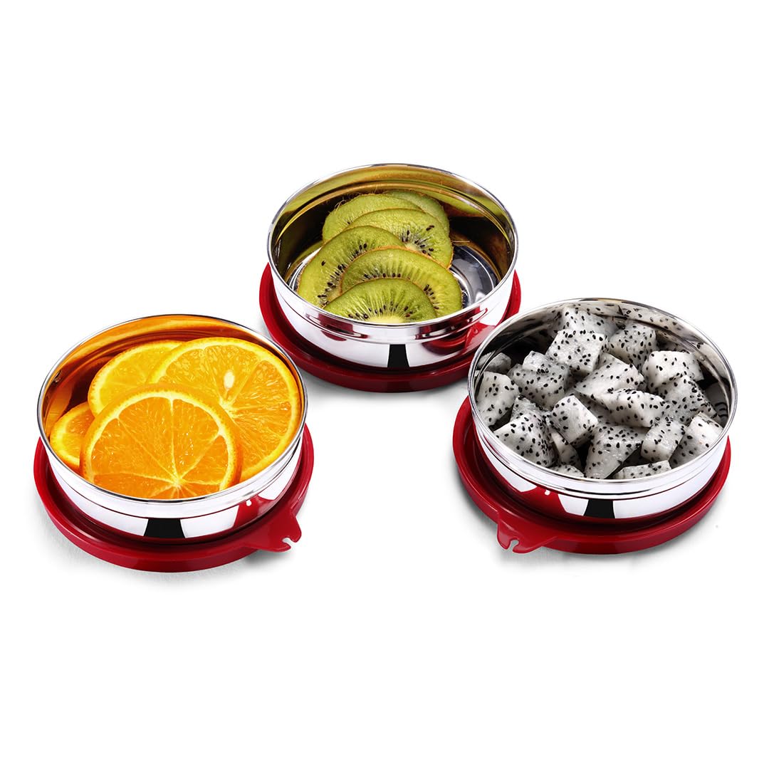 SOPL-OLIVEWARE Magic Storage Container, 100% Leak Proof & BPA Free Lid, Dishwasher Safe, 3 Stainless Steel Containers with 300 ml Each - Maroon
