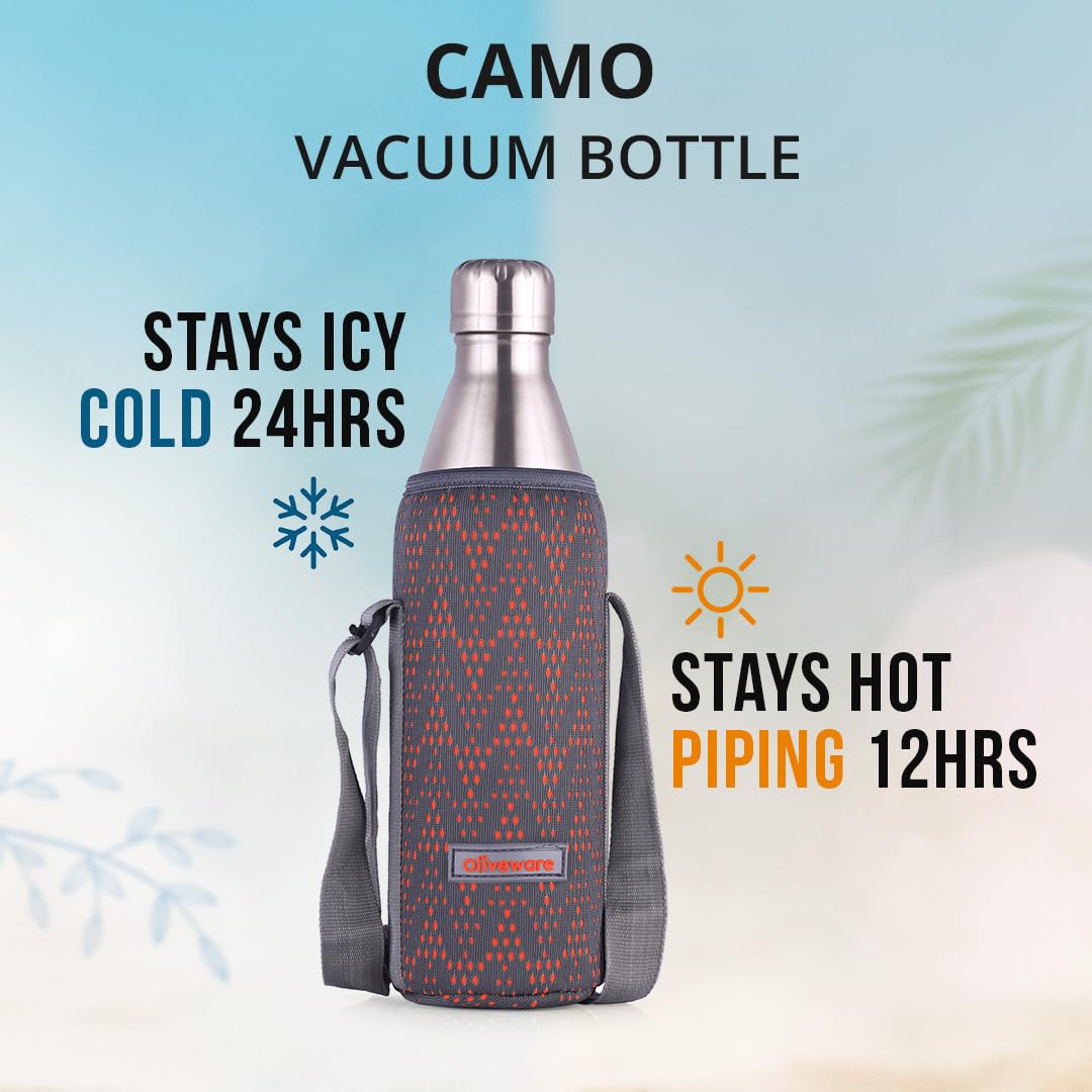 Oliveware Camo Vaccum Bottle with Sleeve, Stainless Steel (750ml), Hot and Cold, Insulated Bottle, Fit for Indoor & Outdoors - Silver