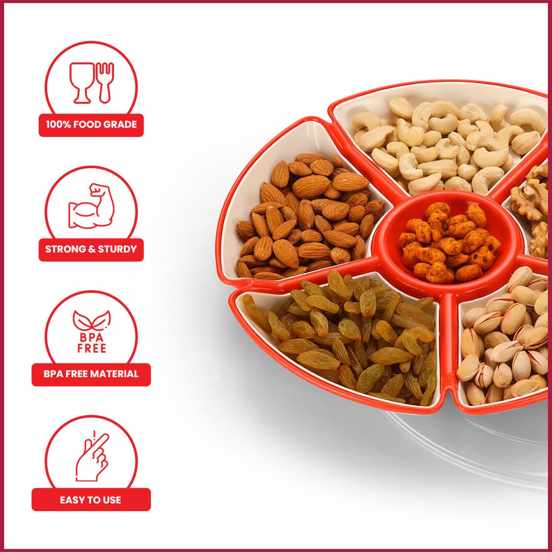 Oliveware Flower Snack Container with 5 Compartments | Storage & Serving Snacks, Dry Fruits, Biscuits, Candy | Hard Plastic | Multi Purpose - Red