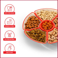 Oliveware Flower Snack Container with 5 Compartments | Storage & Serving Snacks, Dry Fruits, Biscuits, Candy | Hard Plastic | Multi Purpose - Red