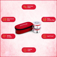 oliveware Crunch Lunch Box, 2 Stainless Steel Containers (300 ml), Leak Proof with BPA Free Air Tight Lids, Fabric Jacket - Red