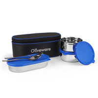 SOPL-OLIVEWARE Sophia Stainless Steel Lunch Box, Spoon & Fork, 100% Leak Proof, 3 Container with BPA Free Lid (350ml, 350ml, 550ml), Insulated Fabric Bag - Blue