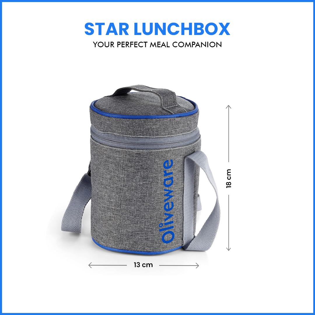 SOPL-OLIVEWARE Star Lunch Box, 100% Leak Proof, 3 Stainless Steel Containers with BPA Free Lids (600ml, 600ml & 300ml), Fabric Bag - Blue