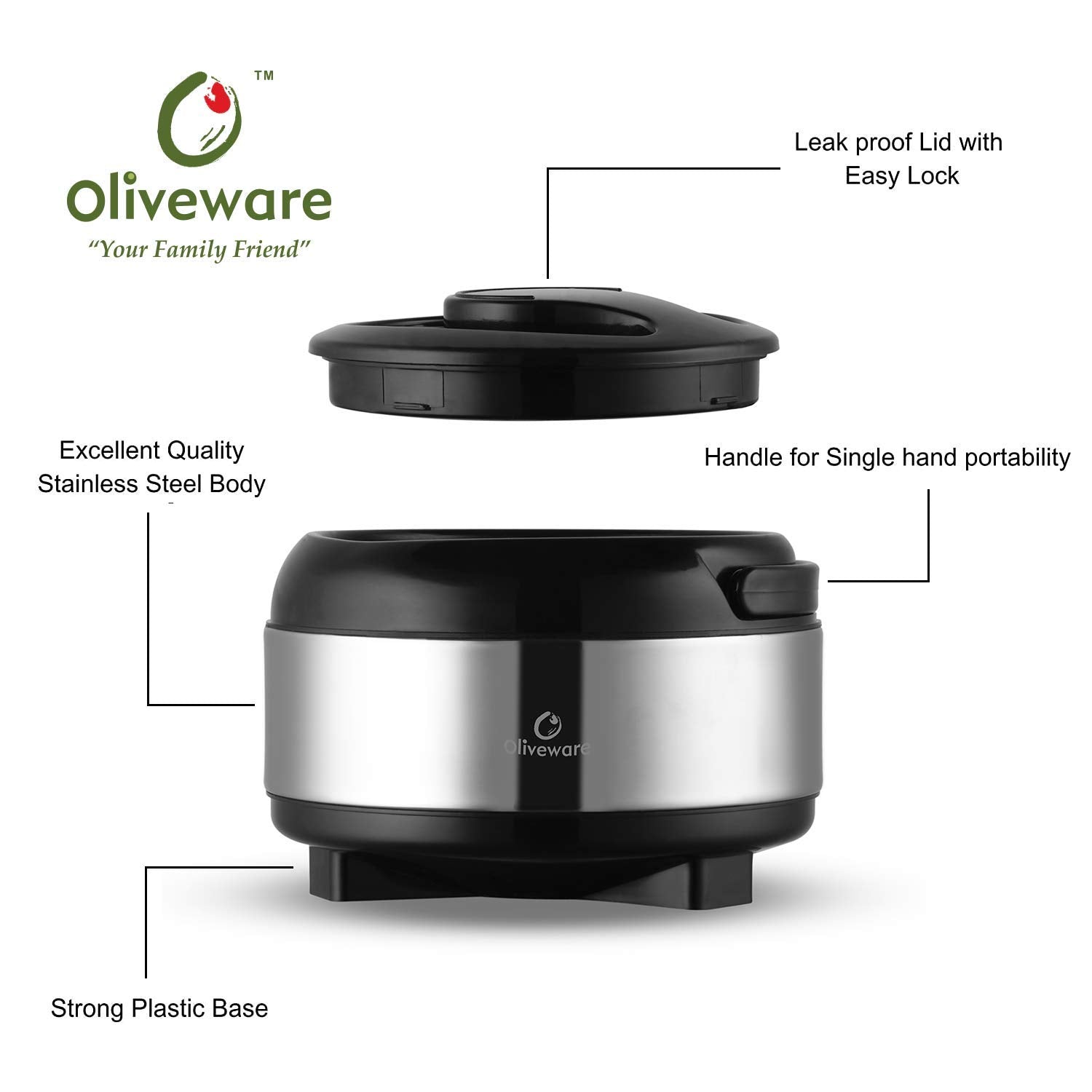 oliveware Supremo Casseroless Thermosteel & Double Wall Insulation (1200 ml) with Insulated Lid Keep Food Hot, Stainless Steel with Carry Handle