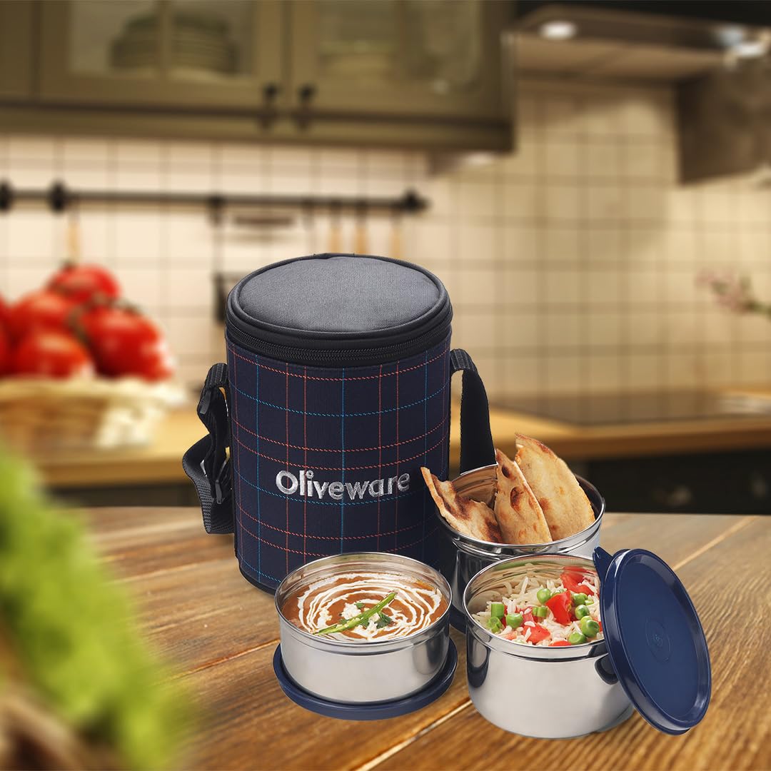 SOPL-OLIVEWARE Absolute Lunch Box, 100% Leak Proof, 3 Stainless Steel Containers with BPA Free Lids (2 * 600ml & 450ml), Fabric Bag - Blue