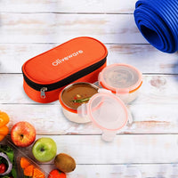 oliveware Crunch Lunch Box, 2 Stainless Steel Containers (300 ml), Leak Proof with BPA Free Air Tight Lids, Fabric Jacket - Orange