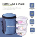 SOPL-OLIVEWARE Italian Glass Lunch Box with Steel Spoon & Napkin, Microwave Safe, Borosilicate Glass Containers, Set of 3 (400ml Each), Fabric Bag - Blue
