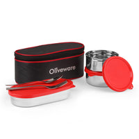 SOPL-OLIVEWARE Sophia Lunch Box, Spoon & Fork, 100% Leak Proof, 3 Stainless Steel Container with BPA Free Lids (550ml, 350ml & 350ml), Fabric Bag - Red
