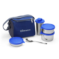 SOPL-OLIVEWARE Milano Lunch Box, Leak Proof, 3 Stainless Steel Containers with BPA Free Lids (300ml, 450ml, 600ml), Steel Spoon & Tumbler (400ml), Fabric Bag - Blue