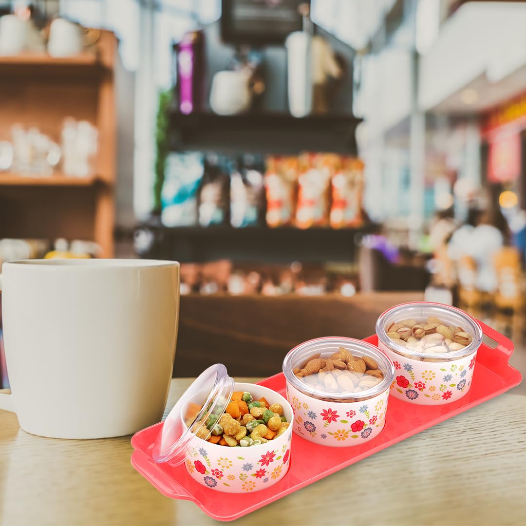 oliveware Venice Dry Fruit Container Tray with Airtight Lid, BPA Free, For Snacks & Dry Fruits, 3 Containers (350ml) each - Red