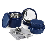 SOPL-OLIVEWARE Executive Lunch Box Series, Microwave Safe & Leak Proof, 3 Inside Steel Container with BPA Free Airtight Lid (290ml, 450ml & 600ml), Plastic Pickle Box (130ml), Steel Cutlery - Blue