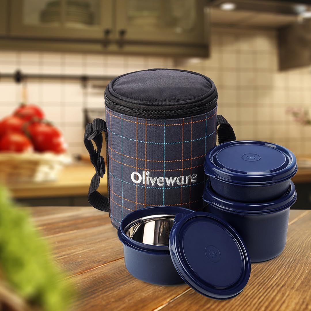 SOPL-OLIVEWARE Infinite Lunch Box, Microwave Safe & Leak Proof, 3 Inside Steel Containers with BPA Free Lids (290ml, 450ml & 600ml), Fabric Bag - Blue