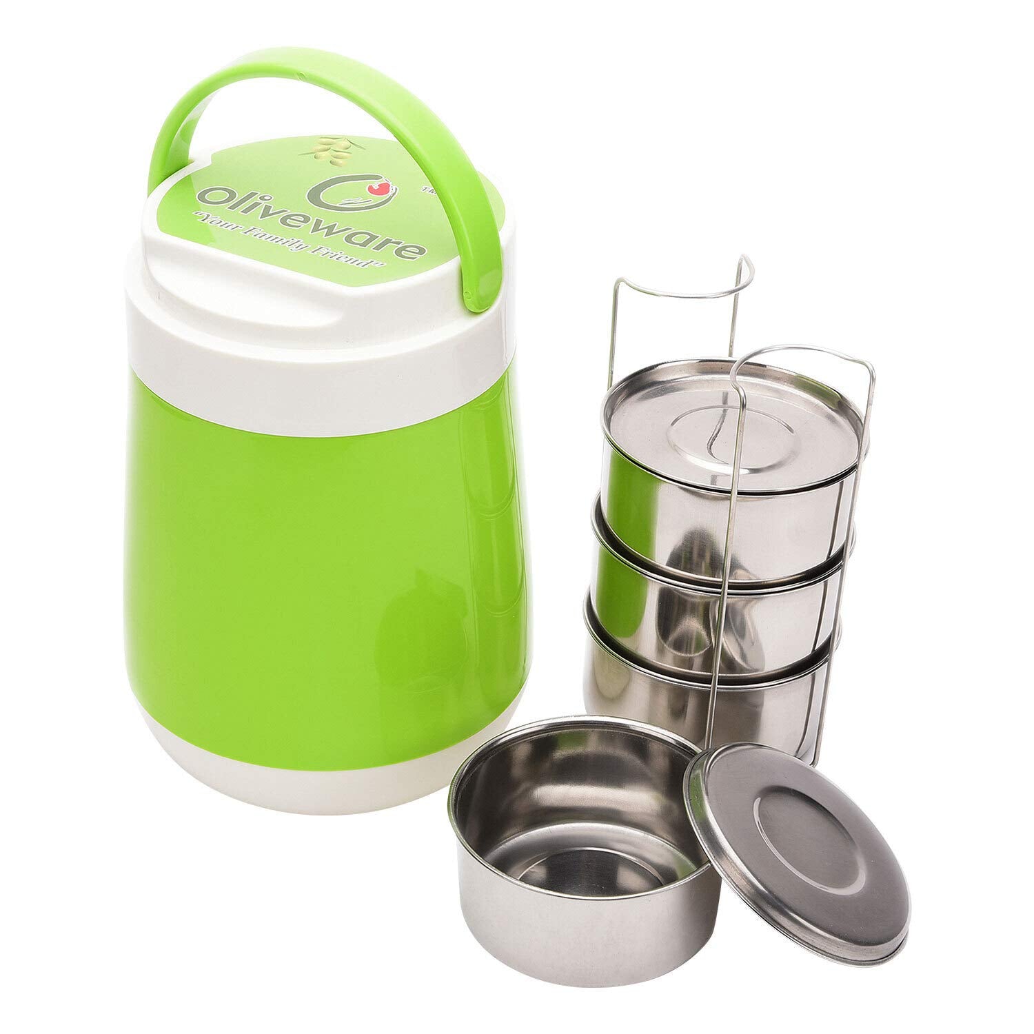 oliveware Jumbo Lunch Box, 4 Stainless Steel Containers with 350ml, Insulated Body, Leak Proof, Full Meal & Easy to Carry - Green