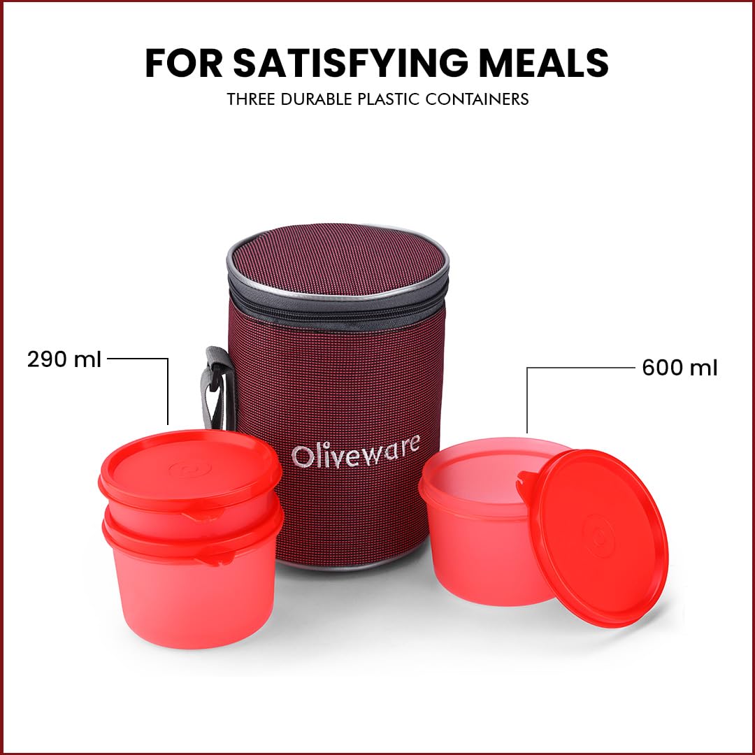 oliveware Easy Meal Plastic Lunch Box with Insulated Fabric Bag, BPA Free & Leak Proof, Set of 3 (290ml, 600ml, 600ml), Full Meal - Red