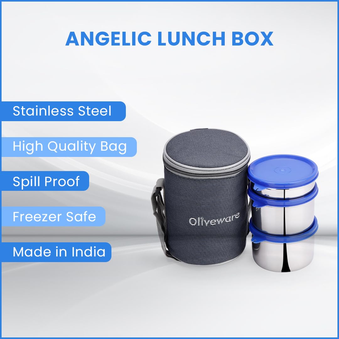 oliveware Angelic Lunch Box, Leak Proof, 3 Stainless Steel Containers with BPA Free Airtight Lid (450ml, 450ml & 250ml), Insulated Fabric Bag - Blue