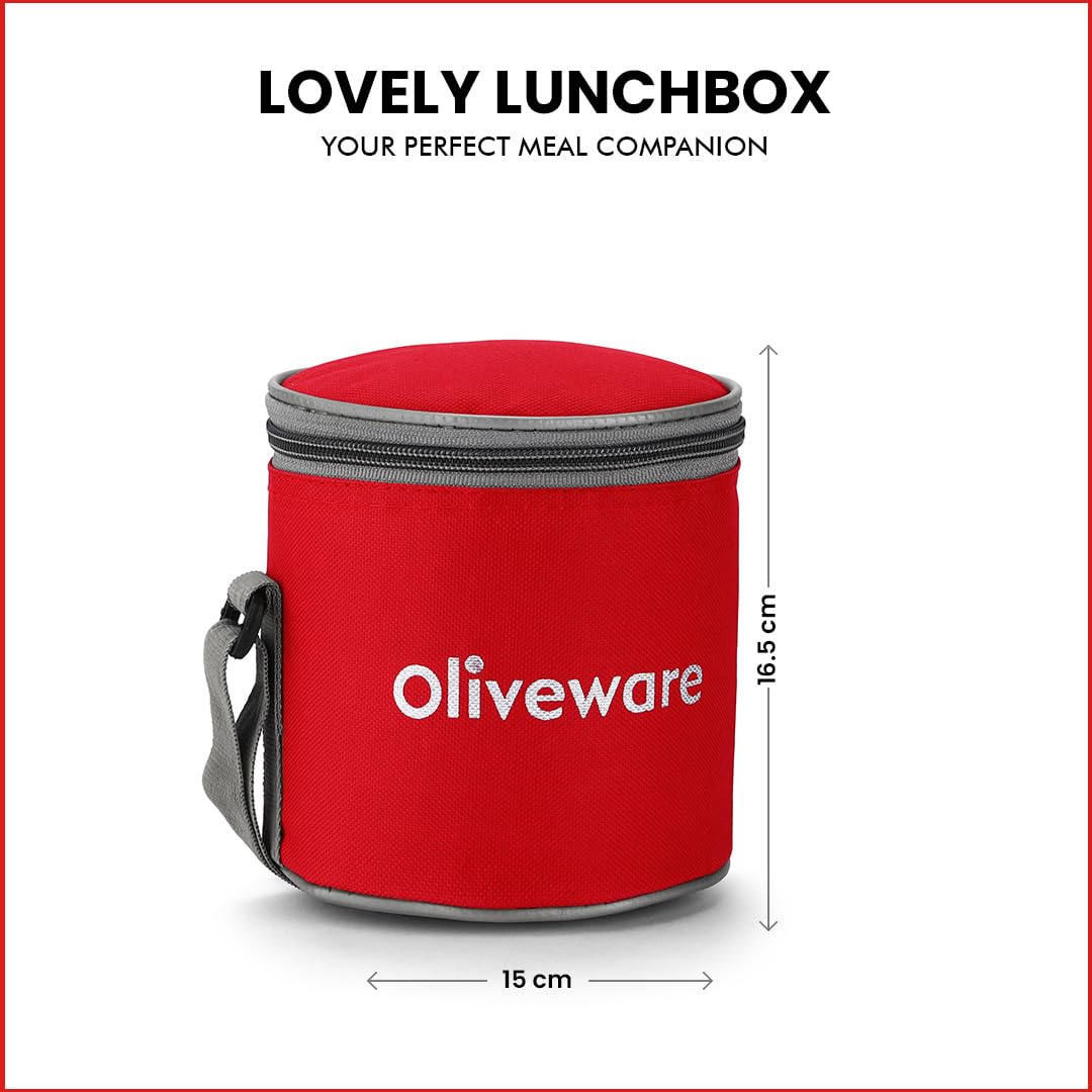 oliveware Lovely Little Plastic Lunch Box, Microwave Safe & Leak Proof, Food Grade BPA Free 3 Containers (290ml, 290ml, 600ml), Fabric Bag - Red