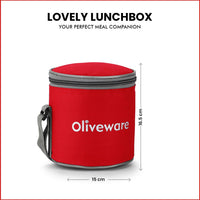 oliveware Lovely Little Plastic Lunch Box, Microwave Safe & Leak Proof, Food Grade BPA Free 3 Containers (290ml, 290ml, 600ml), Fabric Bag - Red