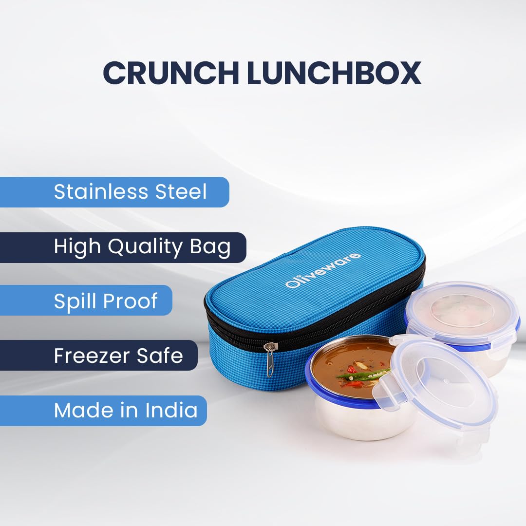 oliveware Crunch Lunch Box, 2 Stainless Steel Containers (300 ml), Leak Proof with BPA Free Air Tight Lids, Fabric Jacket - Blue