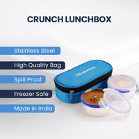 oliveware Crunch Lunch Box, 2 Stainless Steel Containers (300 ml), Leak Proof with BPA Free Air Tight Lids, Fabric Jacket - Blue
