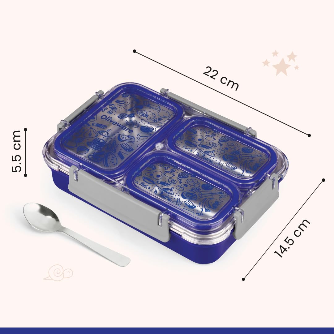 Oliveware Bento Master 3 Lunch Box | with 3 dividers | Steel Spoon | Stainless Steel | Dishwasher & Freezer Safe