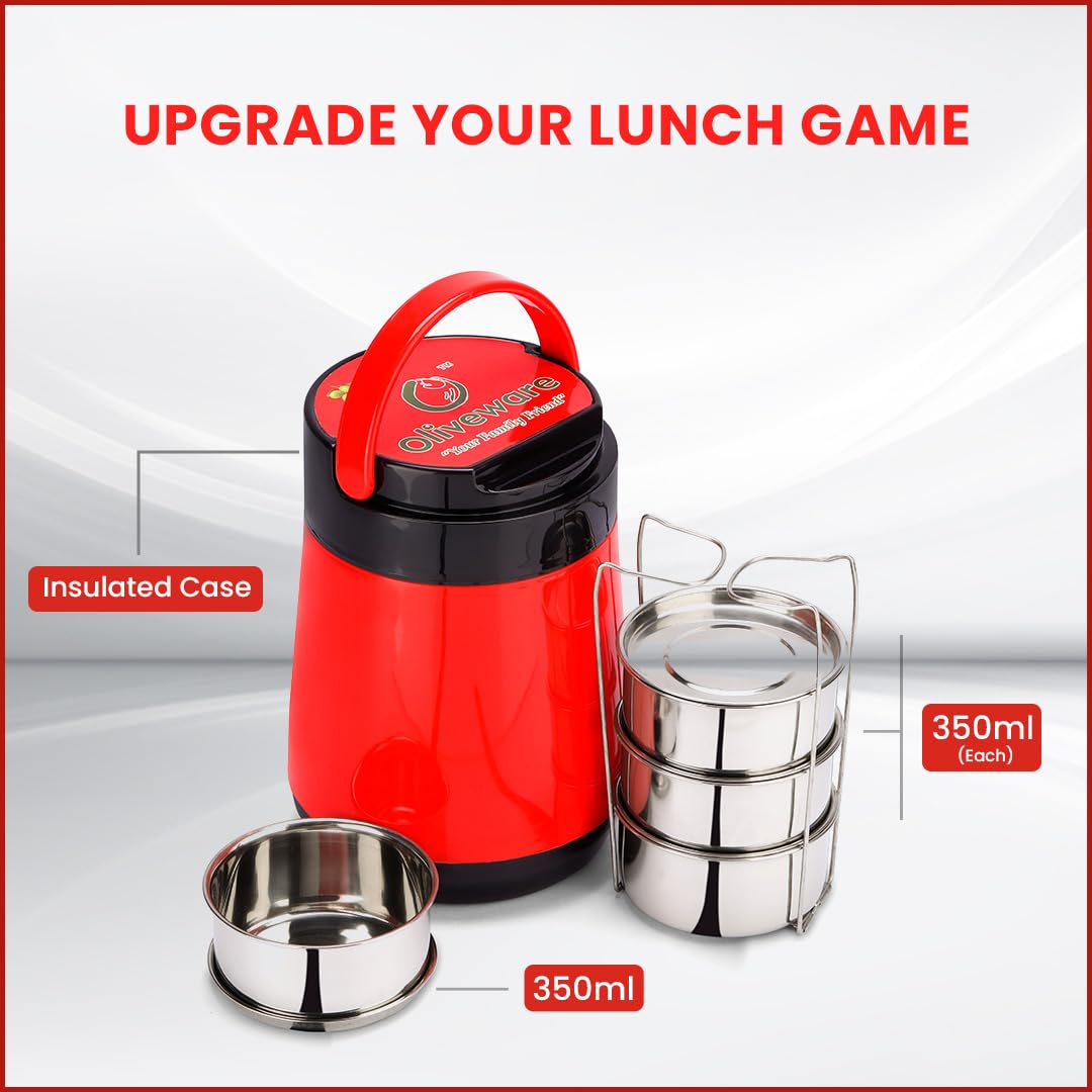 oliveware Jumbo Lunch Box, 4 Stainless Steel Containers with 350ml, Insulated Body, Leak Proof, Full Meal & Easy to Carry - Red