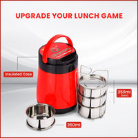 oliveware Jumbo Lunch Box, 4 Stainless Steel Containers with 350ml, Insulated Body, Leak Proof, Full Meal & Easy to Carry - Red