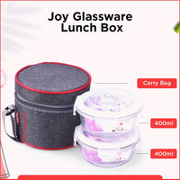 SOPL-OLIVEWARE Joy Glassware Round Lunchbox, Borosilicate Glass Containers, Microwave Safe & Leak Proof, 2 Containers with BPA Free Lids (400ml) Each - Red