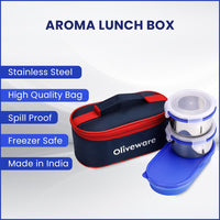 oliveware Aroma Stainless Steel Lunch Box, Leak Proof, 2 Container with BPA Free Air-Tight Lid (350ml & 350ml), Plastic Roti Box (450ml) - Blue