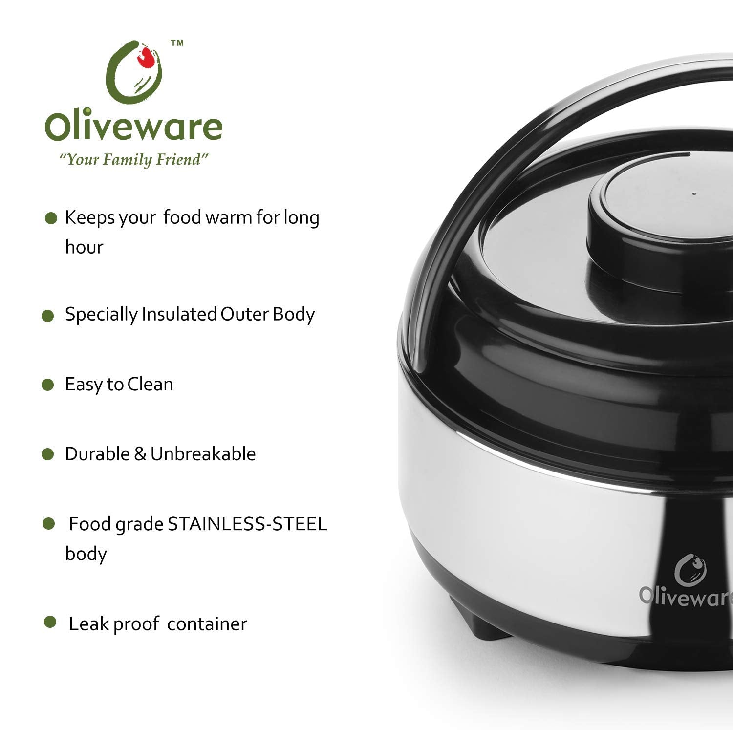 oliveware Supremo Casseroless Thermosteel & Double Wall Insulation (1200 ml) with Insulated Lid Keep Food Hot, Stainless Steel with Carry Handle