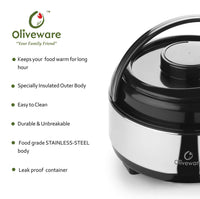 oliveware Supremo Casseroless Thermosteel & Double Wall Insulation (1200 ml) with Insulated Lid Keep Food Hot, Stainless Steel with Carry Handle