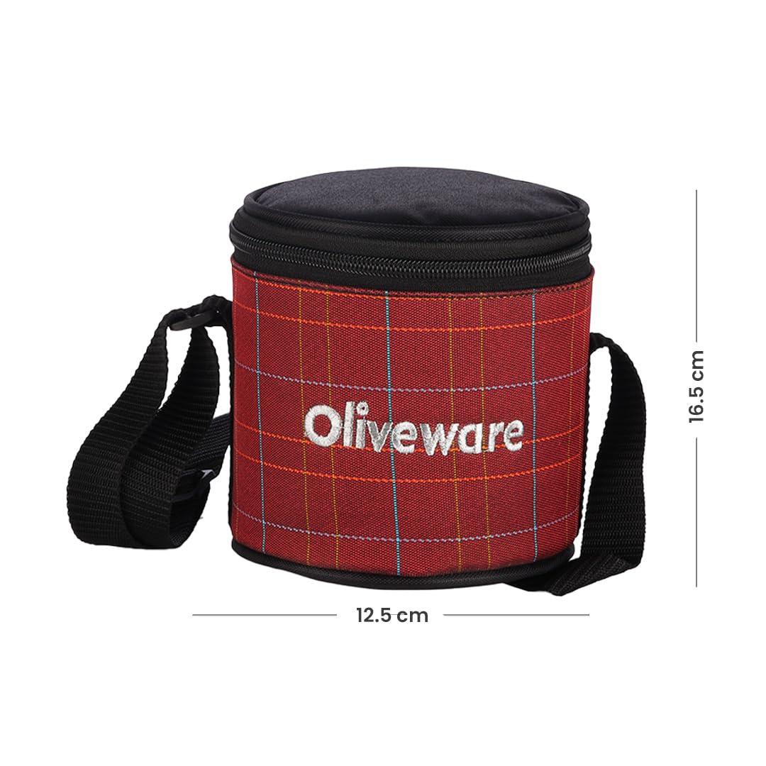 SOPL-OLIVEWARE Cleo Lunch Box, Microwave Safe & Leak Proof, 2 Inner Steel Containers with BPA Free Airtight Lids (450ml & 600ml), Fabric Bag - Red