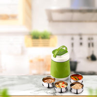 oliveware Jumbo Lunch Box, 4 Stainless Steel Containers with 350ml, Insulated Body, Leak Proof, Full Meal & Easy to Carry - Green