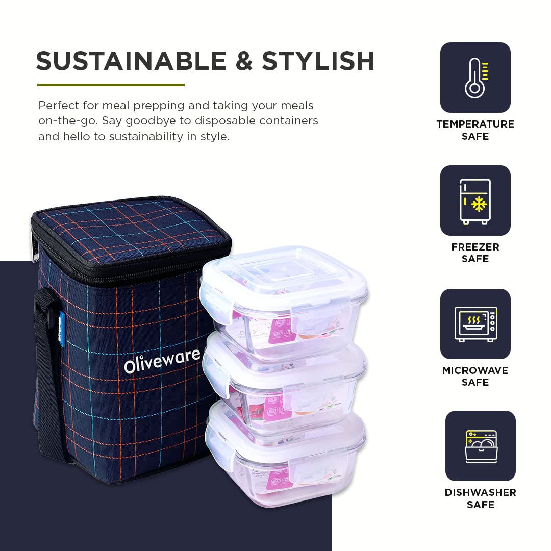 SOPL-OLIVEWARE Spyker Glassware Square Lunchbox, Borosilicate Glass Containers, Microwave Safe & Leak Proof, 3 Containers with BPA Free Lids (320ml) Each - Blue