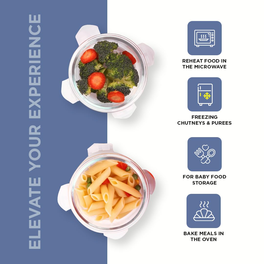 SOPL-OLIVEWARE Lily Glass Lunch Box with Fabric Bag, Leak Proof & Microwave Safe, 2 Container with 400ml Each- Blue