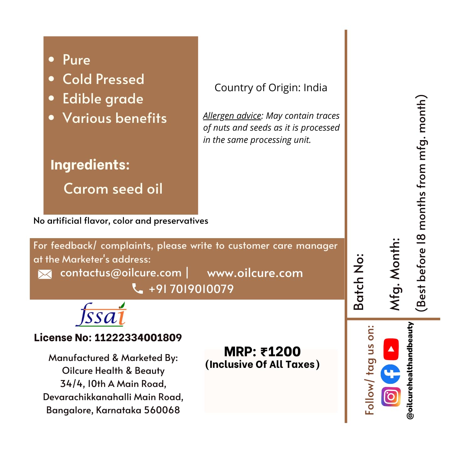 Oilcure Carom Seed Oil Cold Pressed