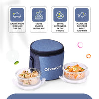 SOPL-OLIVEWARE Lily Glass Lunch Box with Fabric Bag, Leak Proof & Microwave Safe, 2 Container with 400ml Each- Blue