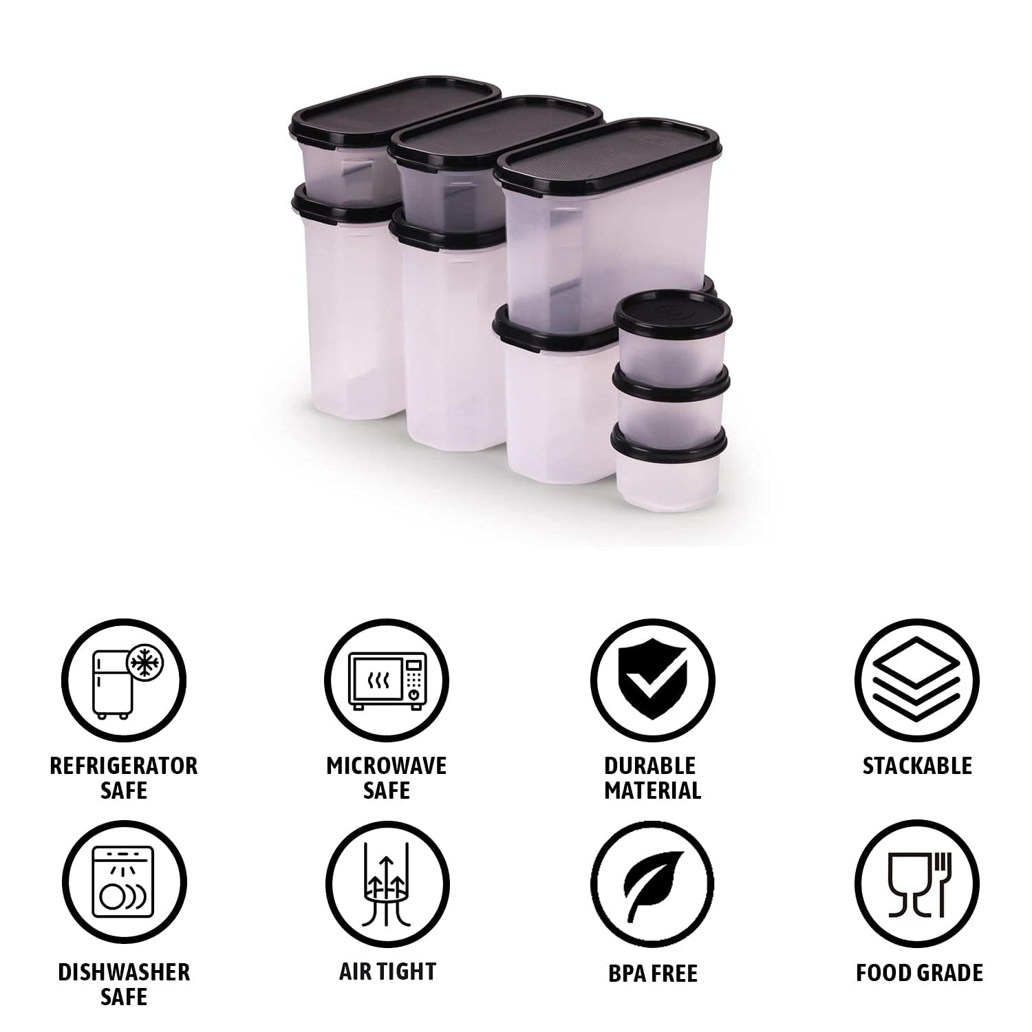 SOPL-OLIVEWARE Modular Storage Containers, BPA Free, For Pulses, Dal, Atta & Flour, Set of 9 (2x1800ml, 2x1200ml, 2x600ml, 3x180ml) - Black