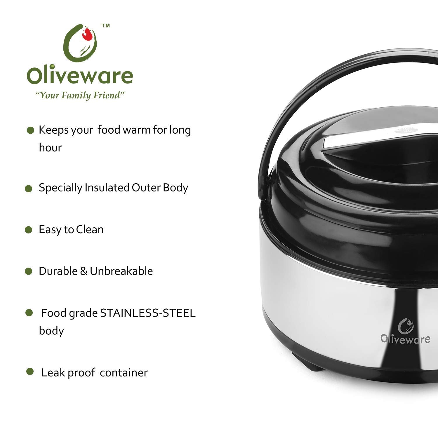 Oliveware Supremo Casseroless Thermosteel & Double Wall Insulation (2000 ml) with Insulated Lid Keep Food Hot, Stainless Steel with Carry Handle