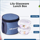 SOPL-OLIVEWARE Lily Glass Lunch Box with Fabric Bag, Leak Proof & Microwave Safe, 2 Container with 400ml Each- Blue