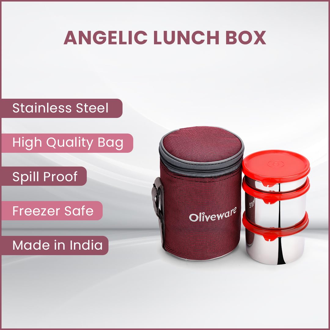 oliveware Angelic Lunch Box, Leak Proof, 3 Stainless Steel Containers with BPA Free Airtight Lid (450ml, 450ml & 250ml), Insulated Fabric Bag - Maroon
