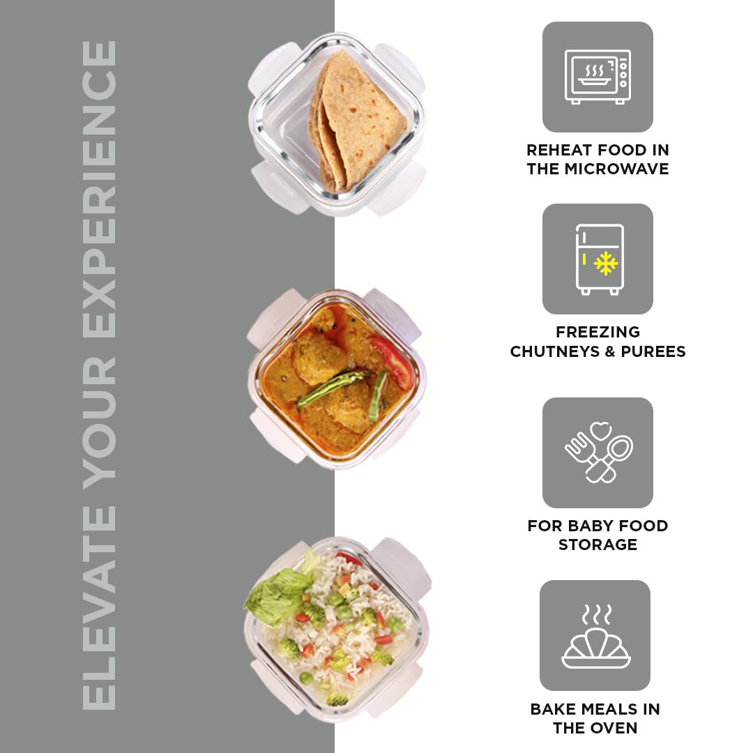 SOPL-OLIVEWARE Executive Glassware Lunchbox, Borosilicate Glass, Microwave & Freezer Safe, Set of 3 with BPA Free Lid (320ml) Each - Black