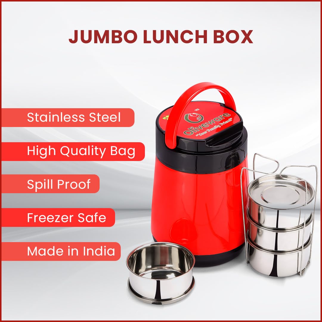 oliveware Jumbo Lunch Box, 4 Stainless Steel Containers with 350ml, Insulated Body, Leak Proof, Full Meal & Easy to Carry - Red