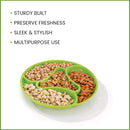 oliveware Majestic Snaks & Dry Fruit Candy Tray with Airtight Lid, BPA Free Plastic, 4 compartments (4x300 ml), Store & Serve - Green