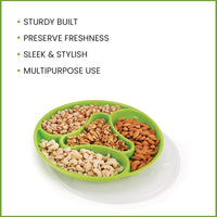 oliveware Majestic Snaks & Dry Fruit Candy Tray with Airtight Lid, BPA Free Plastic, 4 compartments (4x300 ml), Store & Serve - Green