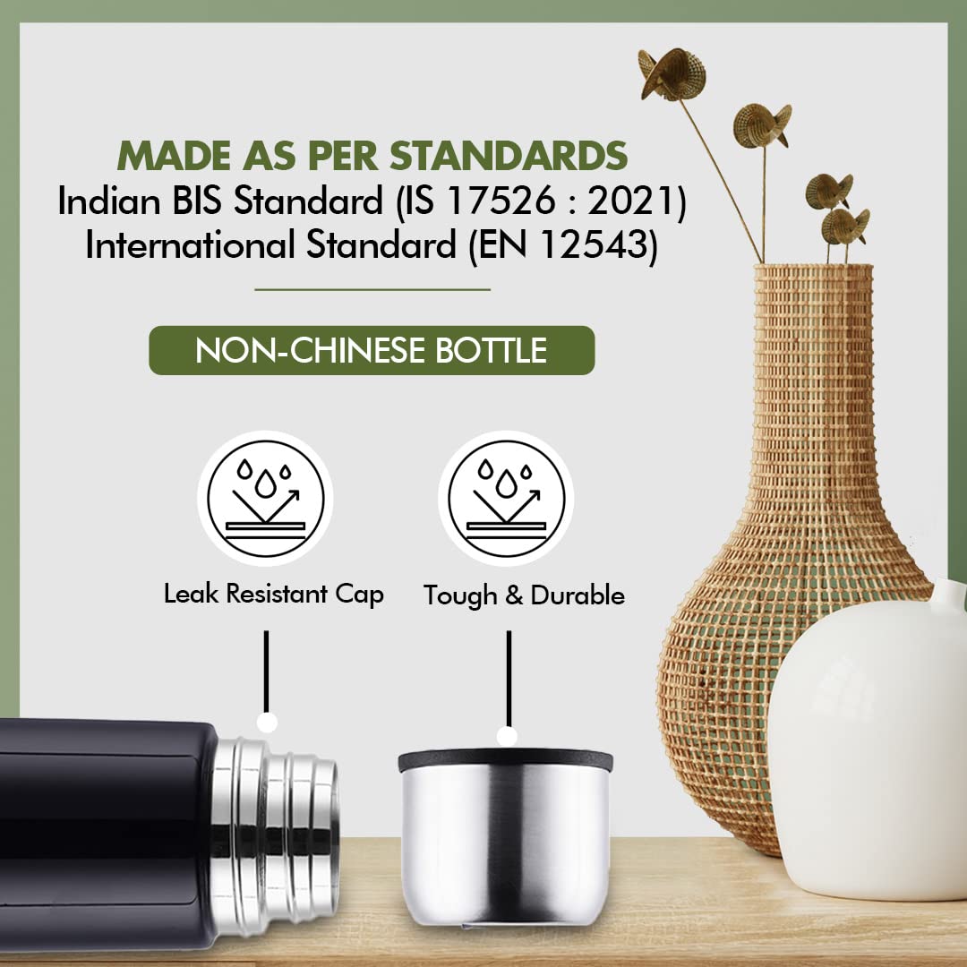 SOPL-OLIVEWARE Era Vacuum Double Wall Bottle, Stainless Steel (1000ml), Hot & Cold, Insulated Bottle, Fit for Indoor & Outdoors - Black