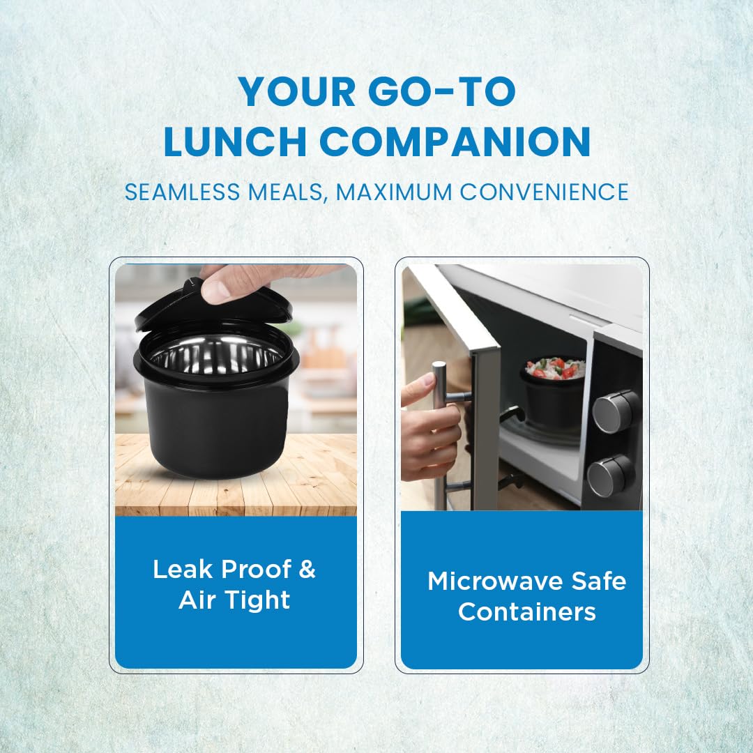 oliveware Double Decker Lunch Box Tiffin, 3 Containers with Plastic Spoon & Fork (300ml, 300ml & 450ml), 100% Leak Proof & BPA Free - Blue