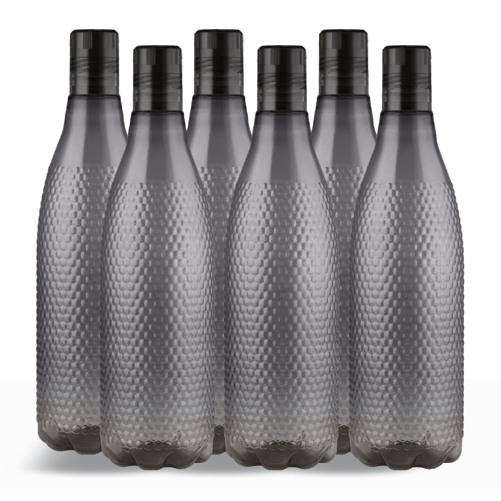 oliveware Honeycomb Design Premium PET Water Bottle With Better Grip, BPA Free & 100% Leak Proof, 1 Litre Bottle, For Home & Office Use, Pack of 6 - Grey